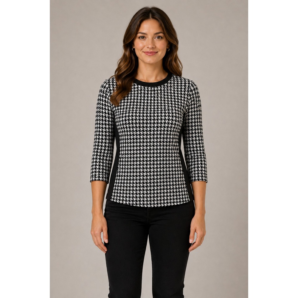 Jules & Leopold Women's S/P Black White Houndstooth 3/4 Sleeve Knit Top